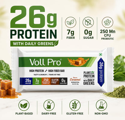 Voll Pro Plant Protein Bar with Daily Greens - High Protein 26g, Fiber 7g, 0g Sugar - Crunchy, Delicious Nutrient-Rich Protein Bars, 65g Bar (Pack of 3)