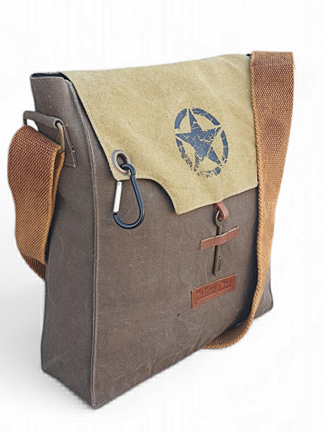 The House of tara Sturdy Cotton Canvas Messenger Bags for Men and Women | With two Magnetic Snap Buttons Flap Closure, Adjustable Body Strap & Multiutility Lobster Hook (Brown Beige)