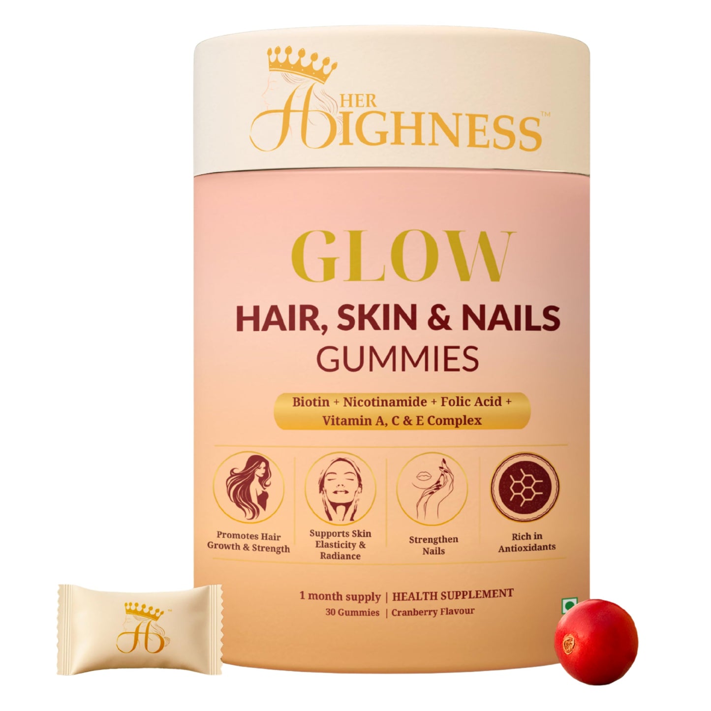Her Highness GLOW Hair Skin & Nails Gummies for Women | 30 Gummies | Biotin, Vitamin B Complex, Vitamins A, C, D, E, Folic Acid, Nicotinamide | Healthy Hair, Radiant Skin & Strong Nails Support | No Added Sugar | No Added Preservatives | 100% Veg | Cranbe