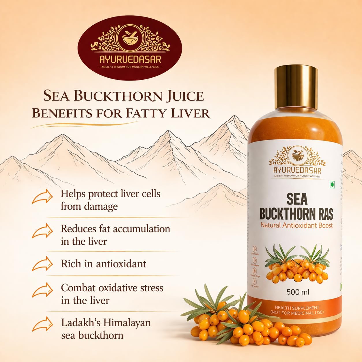 Sea Buckthorn Pulp Concentrate 500ml | Cold-Pressed | Rich in Vitamin C, Omega 3, 6, 7, 9 & Antioxidants | Immunity, Skin Glow & Gut Health Support | Nutritional Supplement for Total Body Care & Wellness (Pack of 2)