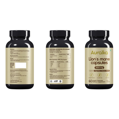 Auraika Lions Mane Mushroom – Supports Brain Health, Focus, Memory & Mental Clarity | 1000mg High Potency | Natural Nootropic Supplement | 60 Vegan Capsules