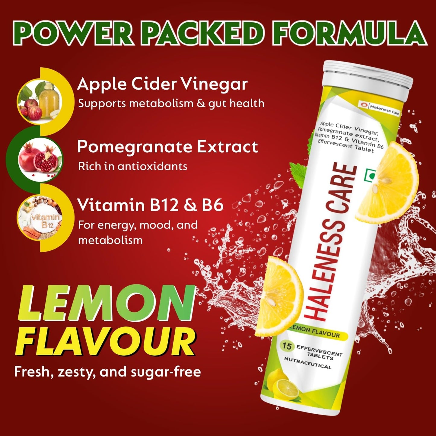 Haleness Care Apple Cider Vinegar Effervescent Tablets with Pomegranate Extract, Vitamin B12 & Vitamin B6, Lemon Flavour, 15 Tablets per Tube, Nutraceutical (Pack of 8 (2 Months), Lemon)