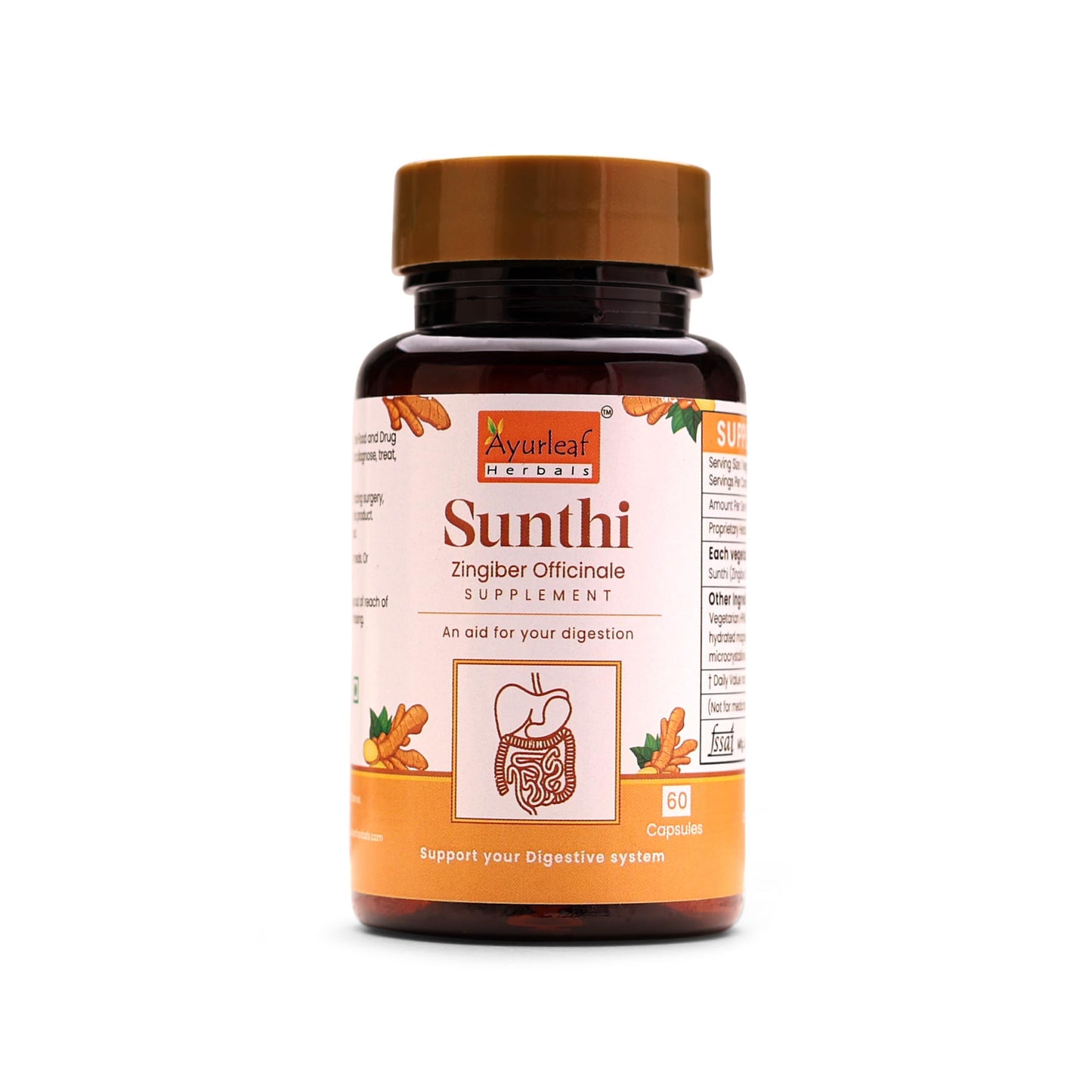 Ayurleaf Herbal Sunthi Supplement - Zingiber Officinale (Ginger) Capsules for Digestion, Bloating, and Nausea Relief (500mg, 60 Capsules)