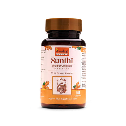 Ayurleaf Herbal Sunthi Supplement - Zingiber Officinale (Ginger) Capsules for Digestion, Bloating, and Nausea Relief (500mg, 60 Capsules)