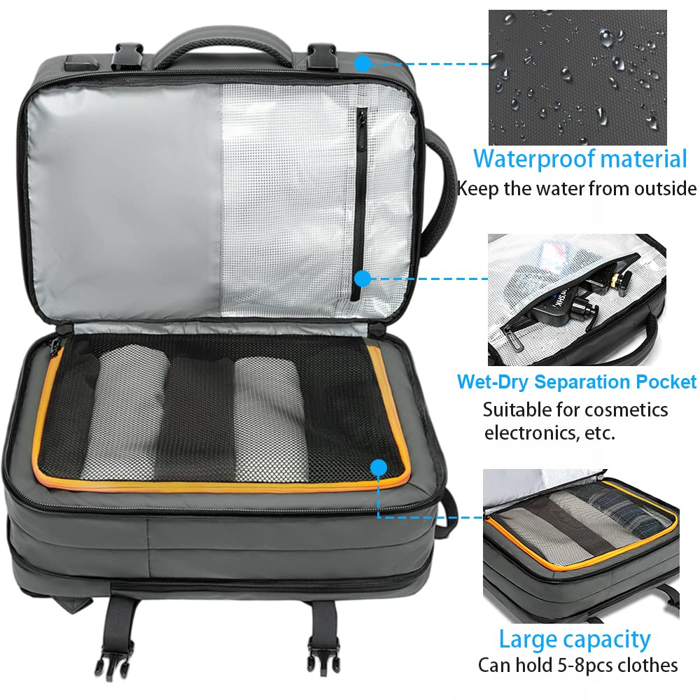 BANGE High Capacity Expandable Water Resistant 15.6 inch Laptop Backpack with USB Charging (Grey 45L)