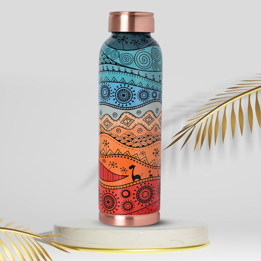 DI: Decorative India Copper Printed Design 1 Litre Water Bottle With Leak And Rust Proof Protection For Home And Office Use Ayurveda And Yoga Health Benefits Bottle (Multicolor)