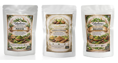 Vaelora Organics Neem Powder + Triphala Powder + Brahmi Powder Combo (100g Each) | 100% Pure & Natural Ayurvedic Herbal Powders | Supports Skin Care, Digestion & Mental Wellness | No Additives