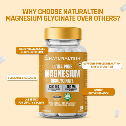 Naturaltein Magnesium Glycinate 1200mg (150mg Elemental) | Chelated High Absorption Magnesium Supports Sleep Quality & Muscle Relaxation | Glyphosate Tested | 60 Tablets