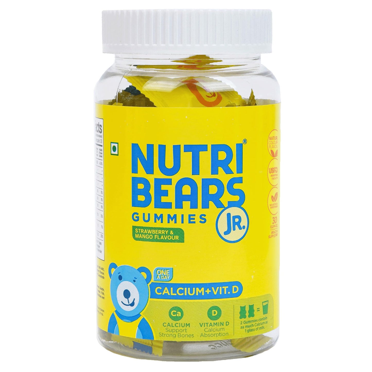 NutriBears Kids Calcium Gummies | 125mg Calcium + Vitamin D | No Artificial Colours | Supports Strong Bones & Teeth | USFDA-Registered | Vegetarian | Age 2-12 | Mango & Strawberry | 30 Gummy Bears