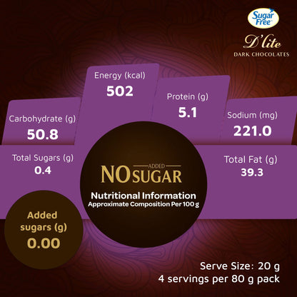 Sugar Free D'lite Dark Chocolate | Quinoa & Almonds Dark Chocolate Bar | Pack Of 1 (80 Gram) | No Added Sugar | Keto Friendly & Vegan | Gluten Free | Guilt Free Extreme Delight With 50% Cocoa