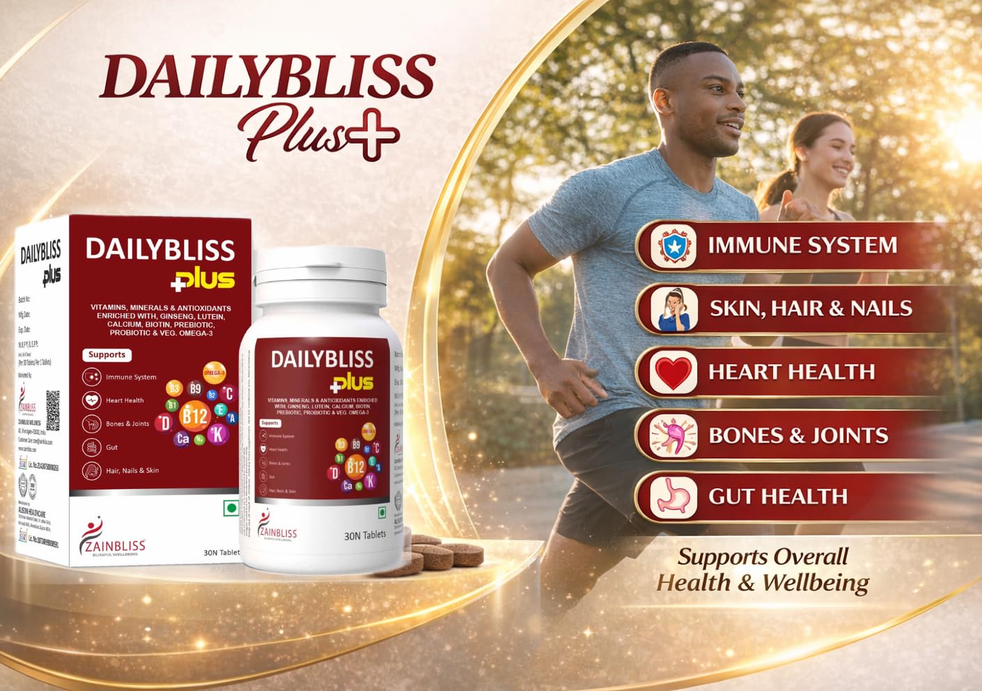 Dailybliss Plus Multivitamin Tablets – 30 Veg Tablets | With Veg Omega-3, Antioxidants, Vitamin B Complex, Calcium, Vitamin D, Biotin, Prebiotic & Probiotic | Daily Health Supplement for Energy, Immunity, Hair, Skin & Bone Support