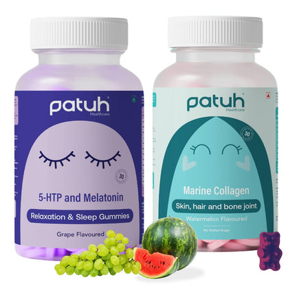 Patuh Healthcare Marine Collagen and Sleep Gummies Combo, Marine Collagen for Skin, Hair & Nails, 5-HTP & Melatonin Sleep Support Gummies Relaxation