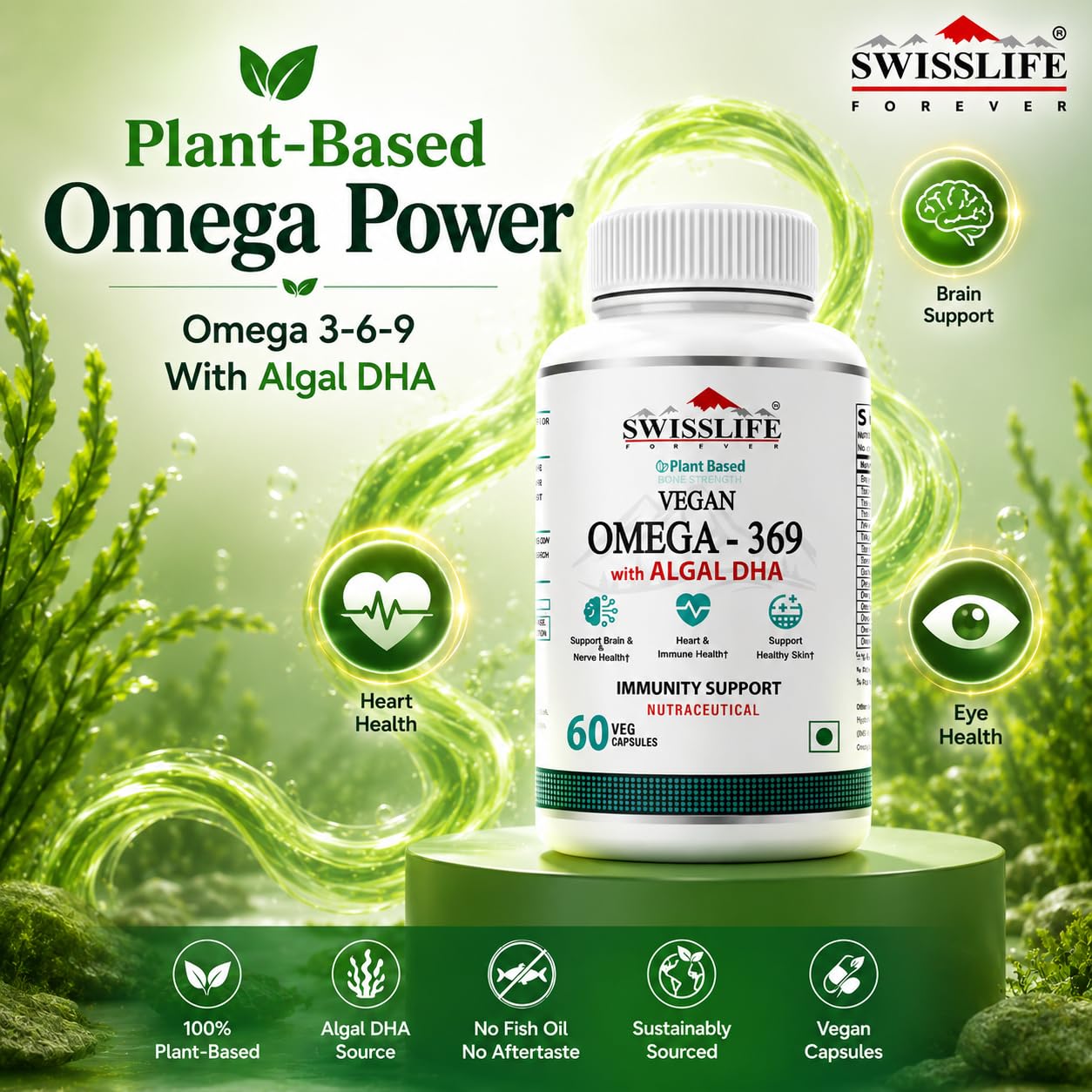 SwissLife Forever Plant Based Vegan Omega 3 6 9 with Algal DHA | Support Brain, Nerve, Heart & Immune Health | Healthy Skin for Men & Women (60 Capsules)