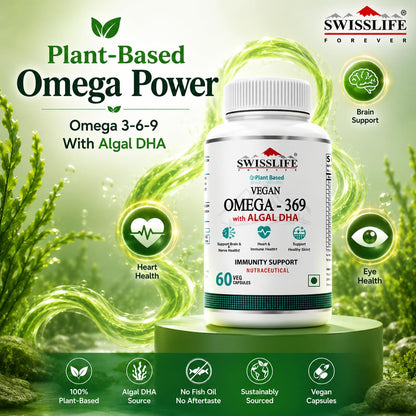 SwissLife Forever Plant Based Vegan Omega 3 6 9 with Algal DHA | Support Brain, Nerve, Heart & Immune Health | Healthy Skin for Men & Women (60 Capsules)