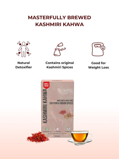 Namhya Kashmiri Kahwa Tea Bags | Boosts Mood & Energy | Aids Digestion | Rich in Antioxidants | Saffron, Cardamom, Cinnamon & Cloves | Balances Vata & Pitta | Natural & Preservative-Free | 25 Tea Bags (25 Cups)