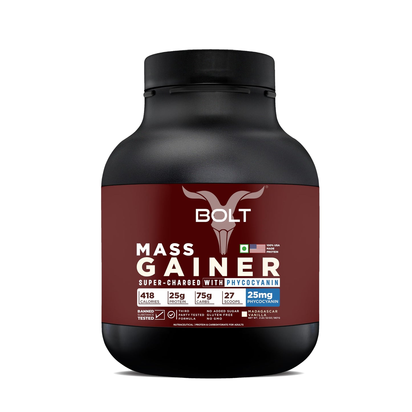 Bolt Mass Gainer Powder | Weight Gainer | Supercharge With Phycocyanin | 25G Protein, 75G Carbs & 412 Calories Per Servings | For Muscle & Weight Gain Objectives | 2Lb/907G | Madagascar Vanilla