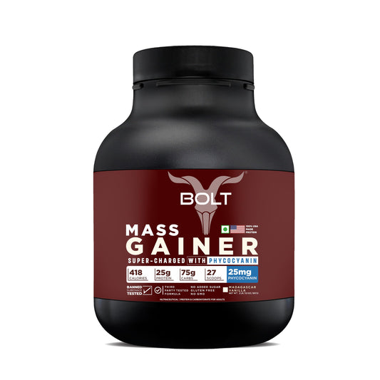 Bolt Mass Gainer Powder | Weight Gainer | Supercharge With Phycocyanin | 25G Protein, 75G Carbs & 412 Calories Per Servings | For Muscle & Weight Gain Objectives | 2Lb/907G | Madagascar Vanilla