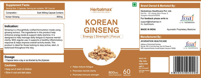Herbalmax Korean Ginseng Capsules | Supports Immunity, Stamina & Energy | Natural Stress Relief & Vitality Booster Ayurvedic Supplement for Men & Women | Pack of 2, 60 Veg Capsules Each