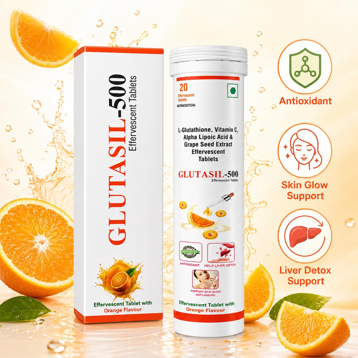 SCIL HEALTHCARE.INDIA Glutasil-500 - L-Glutathione with Vitamin C, Alpha Lipoic Acid & Grape Seed Extract Effervescent Tablets | Refreshing Daily Wellness Drink Supplement