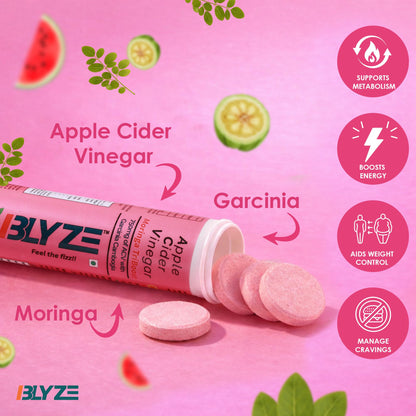 BLYZE ACV Moringa TriBoost, Apple Cider Vinegar 750mg with Moringa, Control Cravings and Weight Management, No Added Sugar, Effervescent Tablets, Watermelon Flavour, Pack of 1 (15 Tablets)