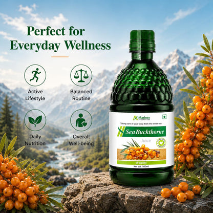 Madren Healthcare Sea Buckthorn Juice 500ml | Clinically Tested Himalayan Sea Buckthorn Berry Juice | Rich in Omega 3 6 7 9, Vitamin C & Antioxidants | Supports Skin Care, Immunity & Body Detox | Pulp Based | No Added Sugar