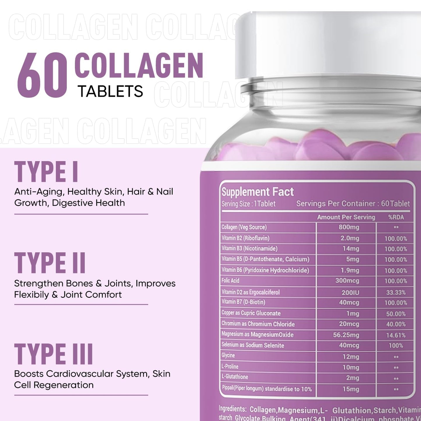 Herbalmax Veg Collagen Supplement Tablets – 60N | 800mg Type 1, 2 & 3 Collagen | For Youthful Skin, Hair, Nails, Joints & Bone Support | Enriched with Biotin & L-Glutathione