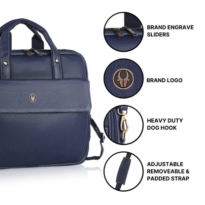 WildHorn Leather Laptop Messenger Bag for Men I Fits Upto 15.6 Inch Laptop/MacBook I Padded Laptop Compartment I Carry Handles with Adjustable Strap I DIMENSION : L-16 inch W-3 inch H-12 inch (Navy)