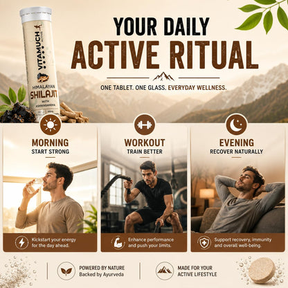 Vitamuch Shilajit Effervescent Tablets with Ashwagandha Gokshura Safed Musli | Cardamom Flavour | Daily Wellness Drink Tablets | 30 Tablets Pack of 2