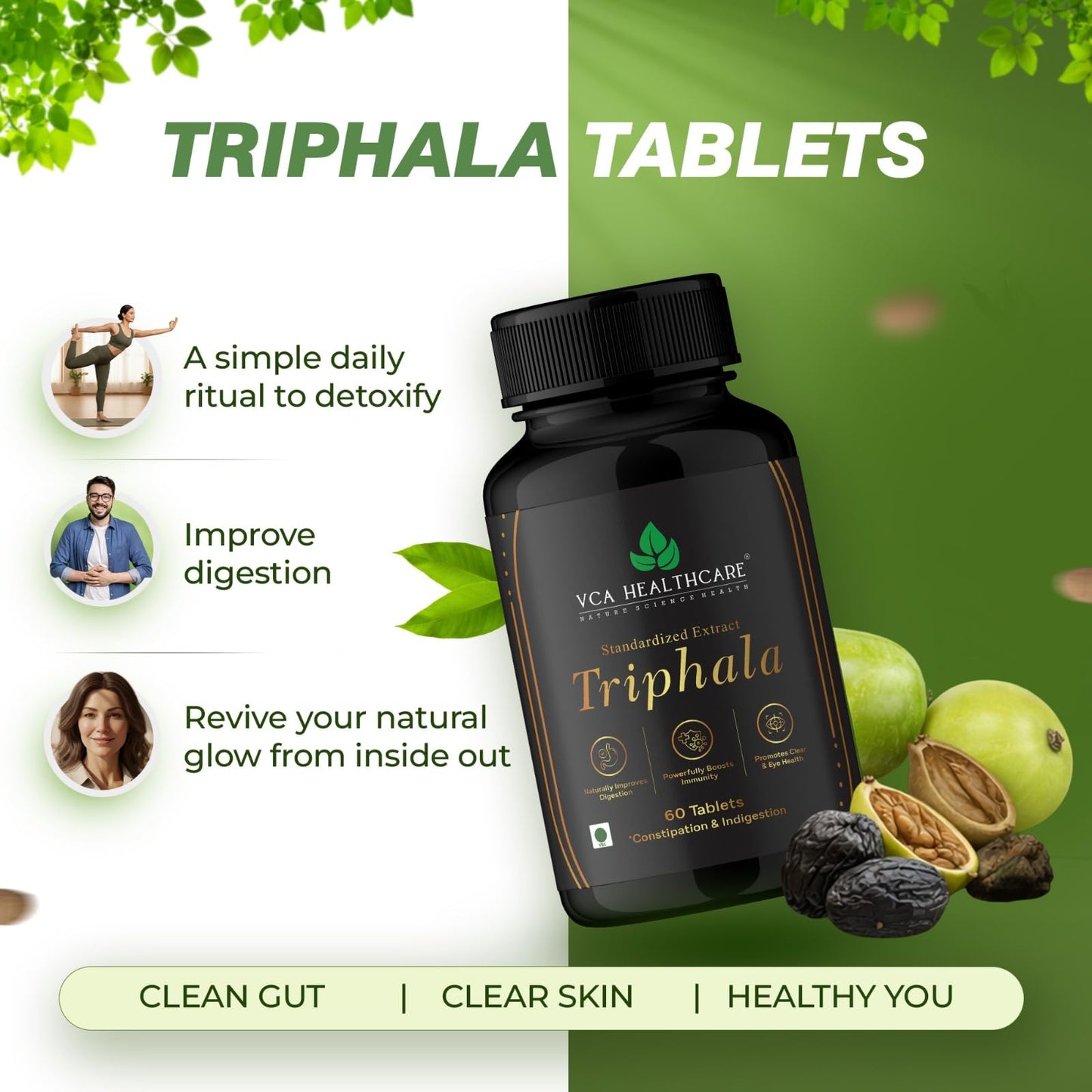 VCA Healthcare Triphala Extract Tablets | Ayurvedic Herbal Supplement for Digestive & Detox Support | Gut Health & Constipation Support | Natural Cleanse and Metabolism Support (Pack of 1)