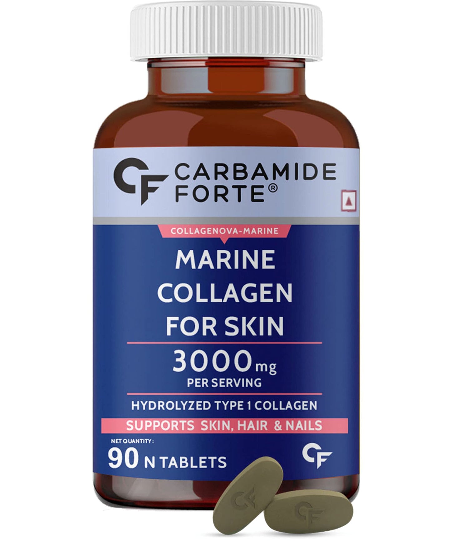 Carbamide Forte Hydrolyzed Marine Collagen Tablets | 3000mg Collagen Peptides with Biotin & Hyaluronic Acid - Type 1 Marine Collagen Powder | Marine Collagen Supplements for Women & Men - 90 Tablets