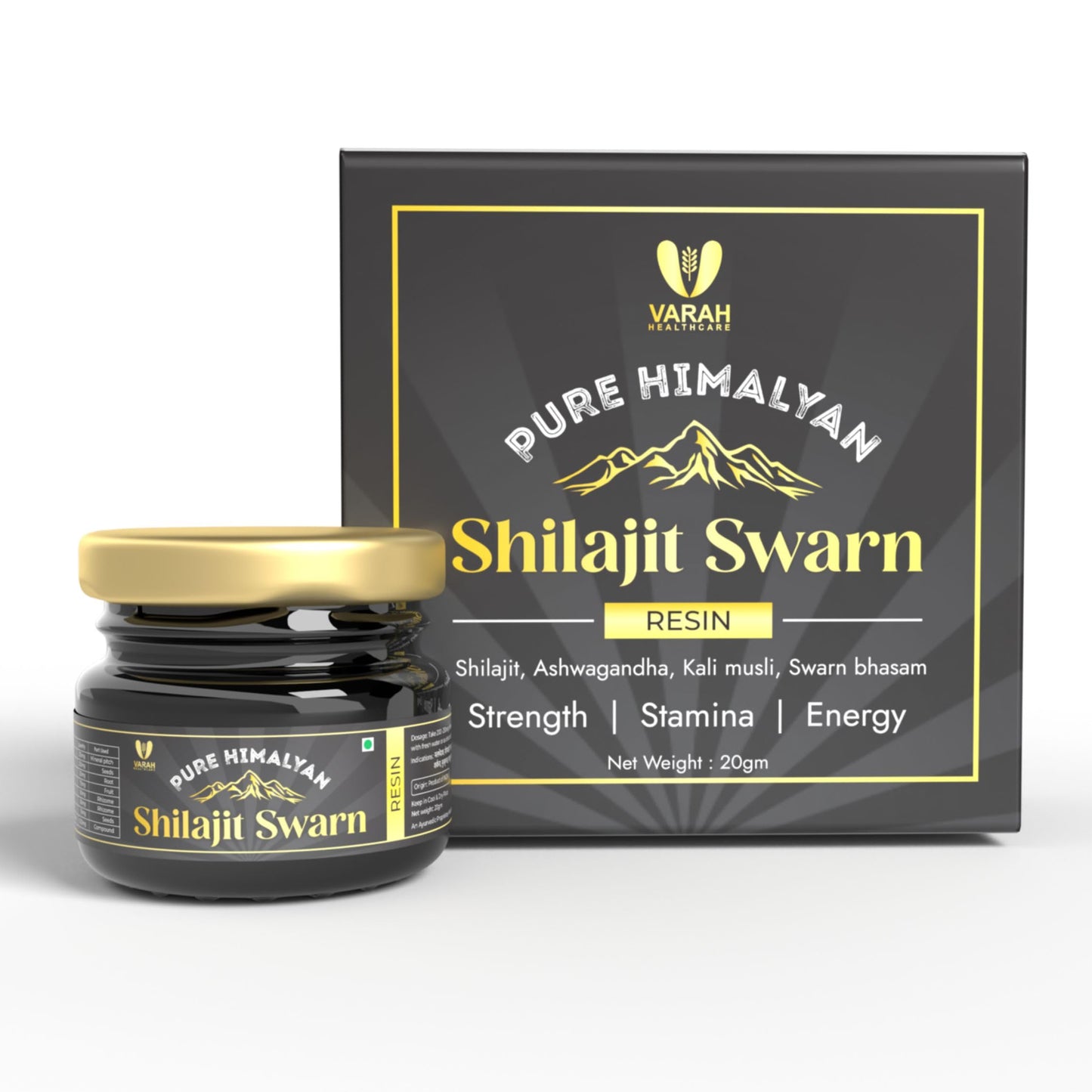 Varah's Shilajit Swarna Resin 20g | Enriched with Swarna Bhasma, Ashwagandha, & Kali Musli | Natural Resin Helps in Daily Stamina Balance, Strength, & Energy | Ayurvedic Formulation for Men & Women
