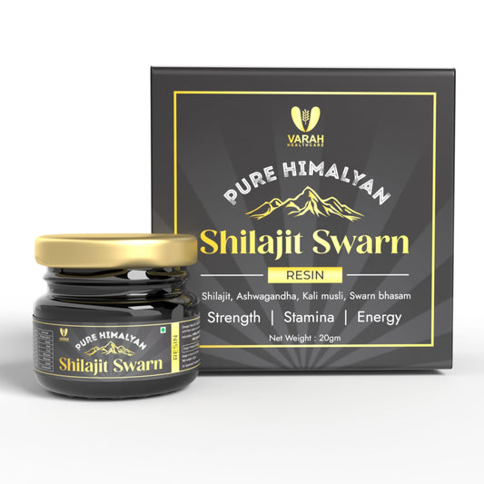 Varah's Shilajit Swarna Resin 20g | Enriched with Swarna Bhasma, Ashwagandha, & Kali Musli | Natural Resin Helps in Daily Stamina Balance, Strength, & Energy | Ayurvedic Formulation for Men & Women