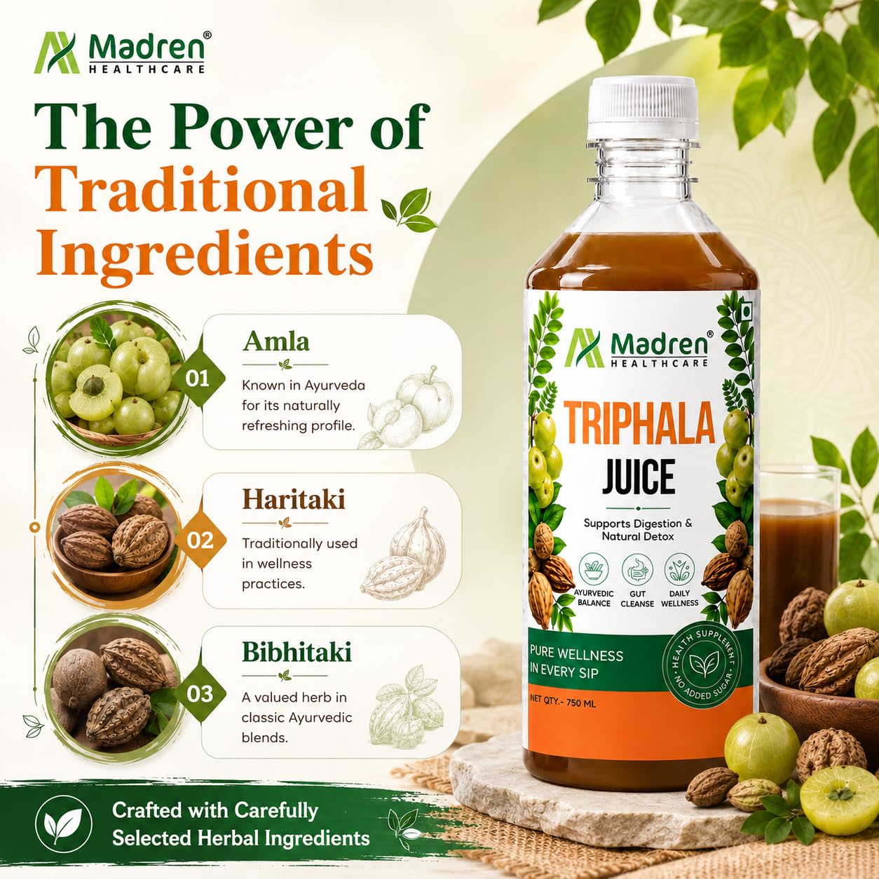 Madren Healthcare Ayurvedic Triphala Juice 750ml | Amla, Baheda & Haritaki Blend | Supports Digestion, Gut Health, Detox & Immunity | Zero Added Sugar | Natural Ayurvedic Herbal Juice | Vegetarian | For Men & Women