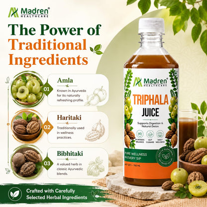 Madren Healthcare Ayurvedic Triphala Juice 750ml | Amla, Baheda & Haritaki Blend | Supports Digestion, Gut Health, Detox & Immunity | Zero Added Sugar | Natural Ayurvedic Herbal Juice | Vegetarian | For Men & Women