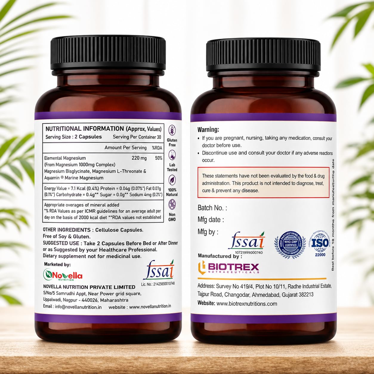 Novella Magnesium Complex – Triple Magnesium Formula with glycinate,Citrate & L-Threonate, Supports Muscles Recovery & Cramp,Better Sleep & Bone Strength – 60 Veg Capsules