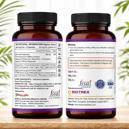Novella Magnesium Complex – Triple Magnesium Formula with glycinate,Citrate & L-Threonate, Supports Muscles Recovery & Cramp,Better Sleep & Bone Strength – 60 Veg Capsules