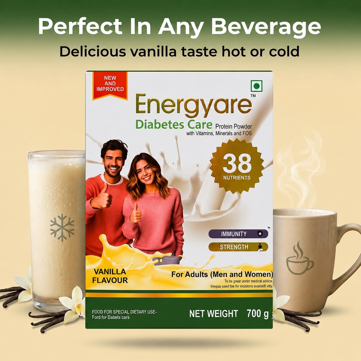 Energyare Diabetes Protein Powder 700g (Vanilla Flavour) | Nutritional Supplement for Diabetic Care | High Protein, High Fiber Formula | Supports Blood Sugar Management & Daily Nutrition