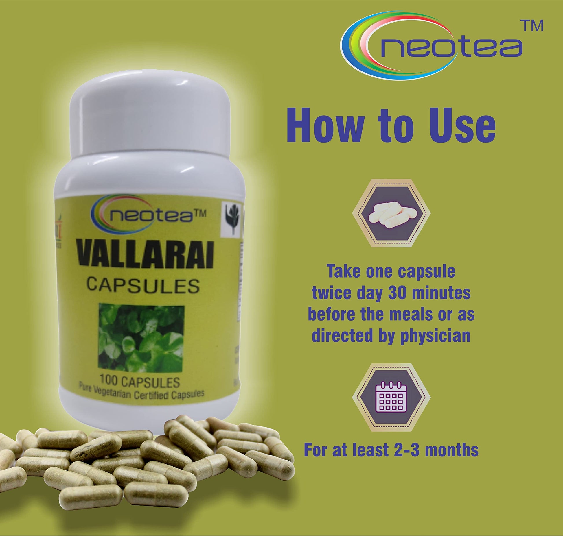 Neotea Vallarai Capsules | Ballari Brahmi Soppu Kacappi | 500Mg -100 Ve- image 8