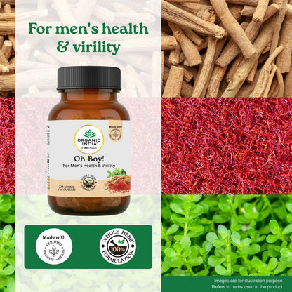 A TATA Product - Organic India OH-Boy - 30 Veg Capsules, Ashwagandha, Musli & Saffron, Helps Improve Men's Health & Vitality, Helps Boost Testosterone Levels, Reduce Stress & Anxiety GMP & NPOP Certified Organic