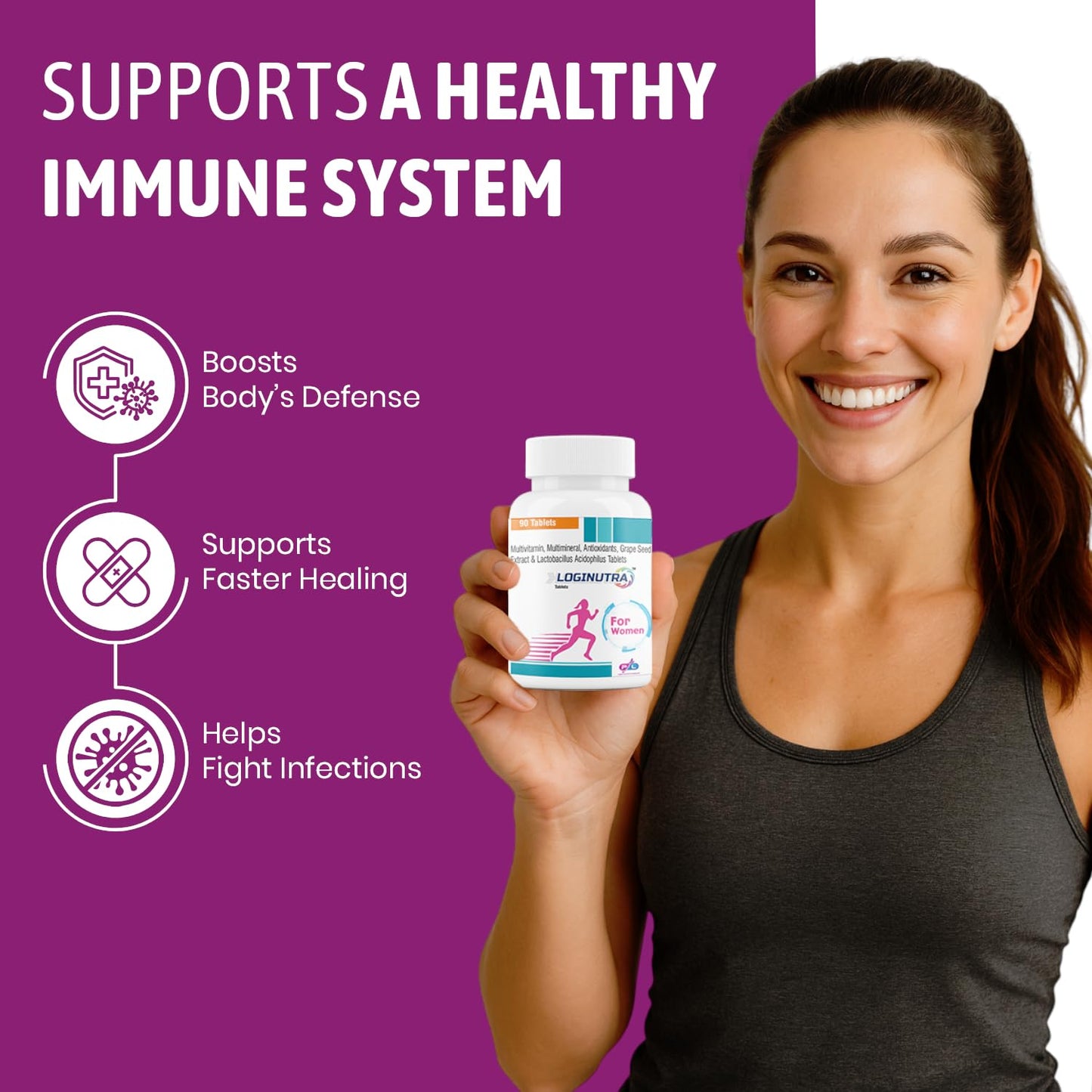 Loginutra Multivitamin Tablets for Women with Lactobacillus, Vitamin D3, Grape Seed Extract, Chromium, Biotin, Zinc & Antioxidants – Daily Immunity, Energy & Skin Health Support - 90 Veg Tablets
