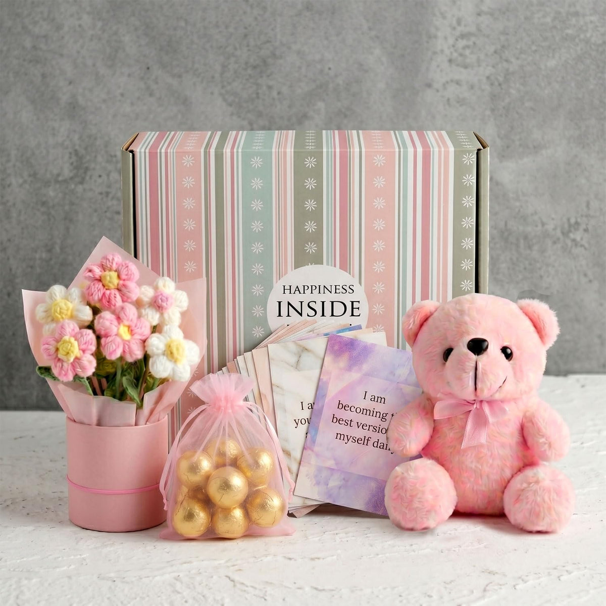Diwali Pink Gift Basket Set for Women – Gift Box with Teddy Bear, Crochet Flower Bouquet, Chocolates & Inspirational Card, Diwali Gift for Wife, Girlfriend, Mom, Sister, Behen, Cousin & Loved Ones