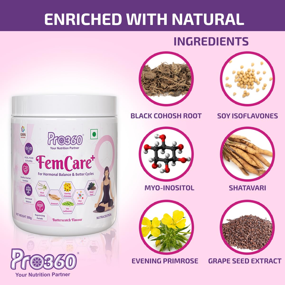 Pro360 FemCare+ PCOS PCOD Nutritional Supplement Powder for Hormonal Balance, Better Cycles, Supports Normal Ovulation in Women Wellness - Butterscotch Flavor 200gm