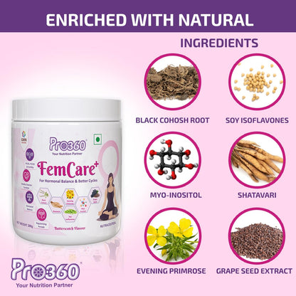 Pro360 FemCare+ PCOS PCOD Nutritional Supplement Powder for Hormonal Balance, Better Cycles, Supports Normal Ovulation in Women Wellness - Butterscotch Flavor 200gm