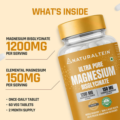 Naturaltein Magnesium Glycinate 1200mg (150mg Elemental) | Chelated High Absorption Magnesium Supports Sleep Quality & Muscle Relaxation | Glyphosate Tested | 60 Tablets