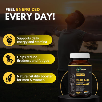HOLIVANCE Himalayan Shilajit 500mg Maximum Potency Organic Capsules 60 Count with Fulvic Acid & Trace Minerals for Enhanced Energy and Immune Support Men & Women