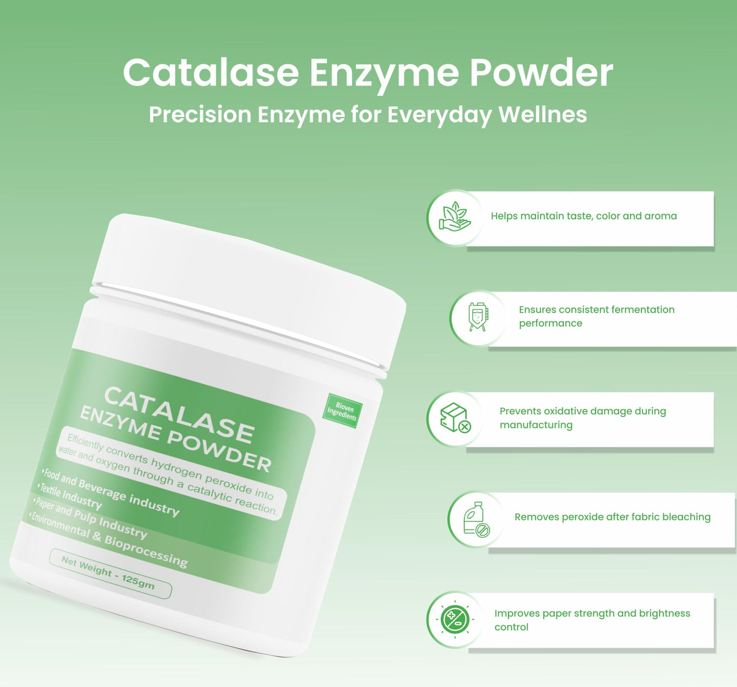 Bioven Ingredients Catalase Enzyme Powder, Non-GMO, Dietary Supplements/Food and Beverages, Broad pH Range of Activity, Excellent Thermostability, Hydrolyse Hydrogen, No Filters/Binder