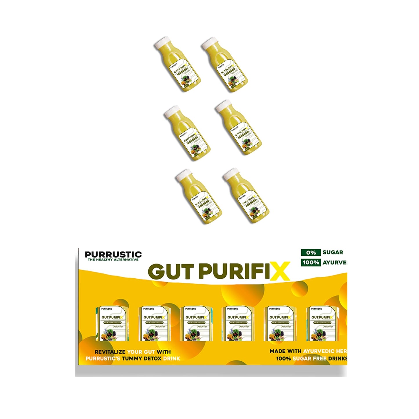 PURRUSTIC Gut Purifix Ayurvedic Gut Cleanse, 11 Herbs Prebiotic Colon Detox Juice, Gut Detox & Digestion Support, Boosts Metabolism & Immunity, Tackles Bloating, Gas & Constipation (6 days, 6 Bottle)