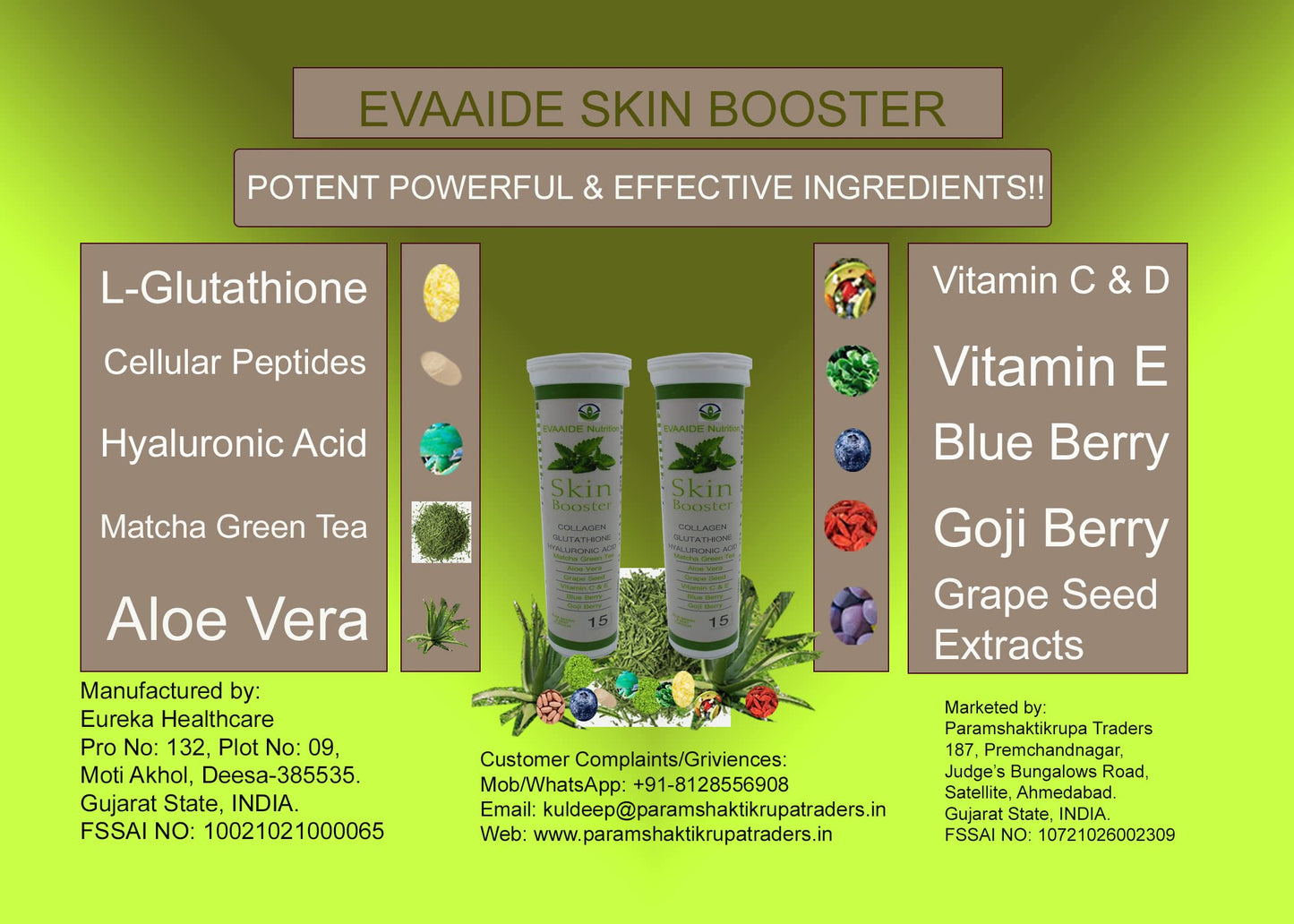 EVAAIDE Skin Booster | Collagen Builder, L-Glutathione, Hyaluronic Acid, Matcha Green Tea, Aloe Vera, Grape Seed, Vit E | Skin Radiance, Elasticity, Glow for Men & Women - 15 Tablets
