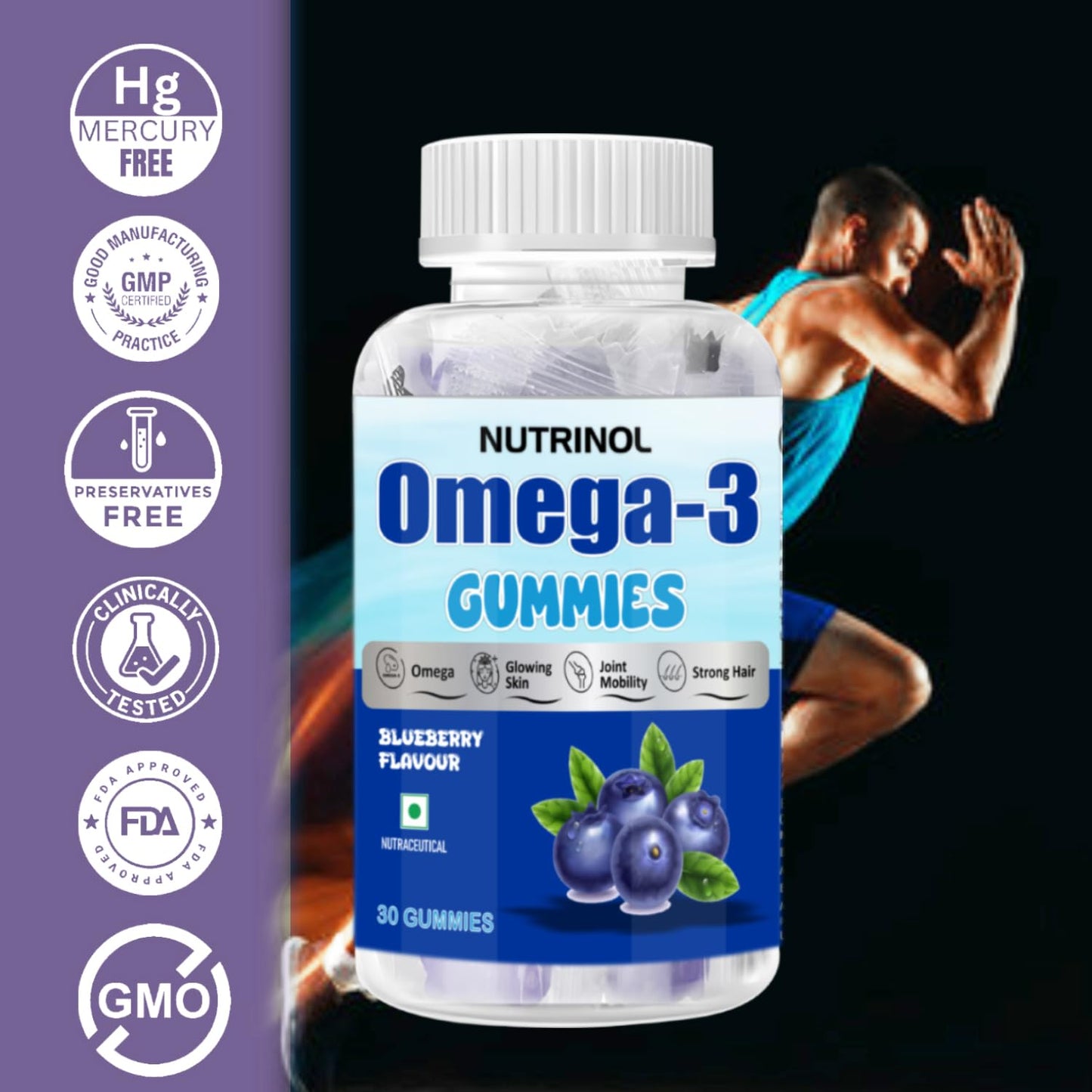 Knoll Healthcare Nutrinol Organics Vegan Omega-3 Flaxseed (145mg) Healthy Bones, Hair & Skin Glwing Skin Joint Strong Hair Veg Soft Gummies for Women & Men (Blueberry Flavour) 30 Gummies