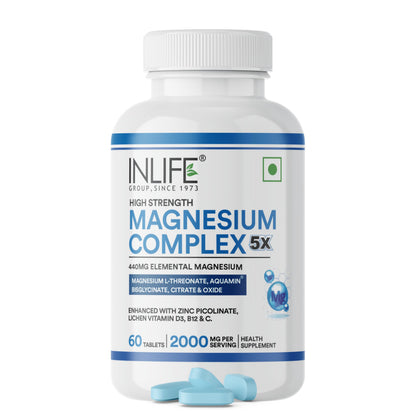 INLIFE Magnesium Complex 2000mg, 5x Salts Glycinate L-Threonate Citrate, Zinc Vitamin C D3 B12, Muscle Nerve & Energy, 60 Tablets (Pack of 1)